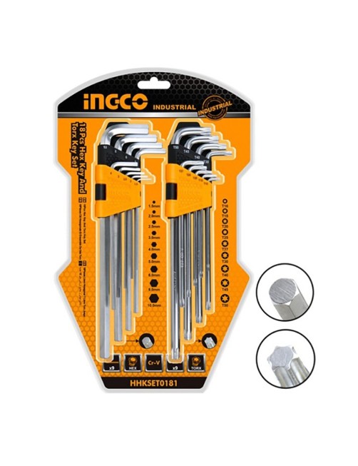 Set Chiavi Esagonali e Torx 18 pz Chiavini a L professionali Cromo vanadio Ingco Hhkset0181