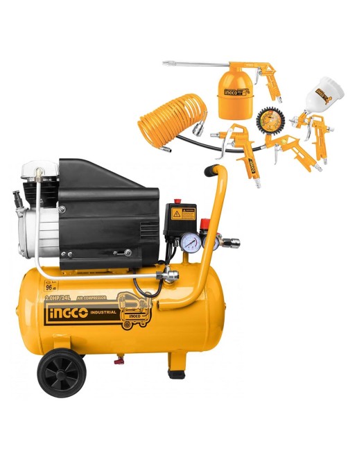 Compressore Aria 24Lt 1Kw + Set Tubo Aerografo Pistola Gonfiaggio Lavaggio Ingco