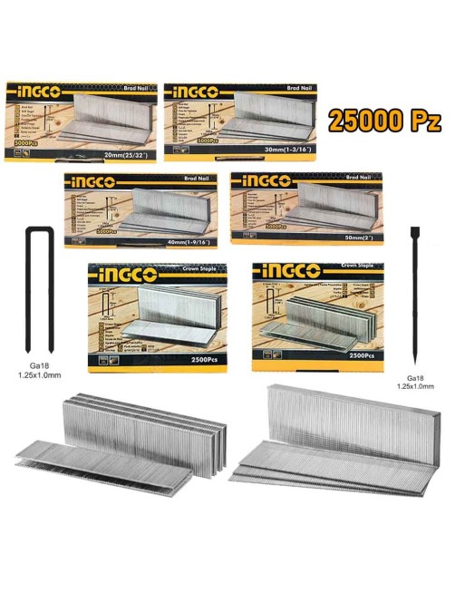 Chiodi e punti per Graffatrice Chiodatrice 25000 pezzi Ga18 Varie Misure Ingco