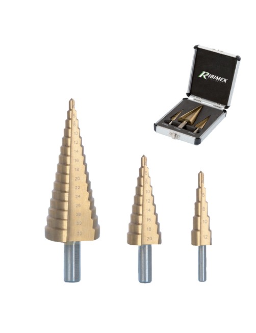 Ribimex PRFEX3/VB Set 3 Punte Coniche Trapano a Scalini Gradini per Metallo Legno Plastica in Box