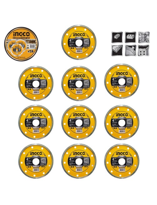 Ingco Set 10 pz DMD021152M Disco diamantato 115 mm Corona continua Mattoni Pietra Granito Cemento