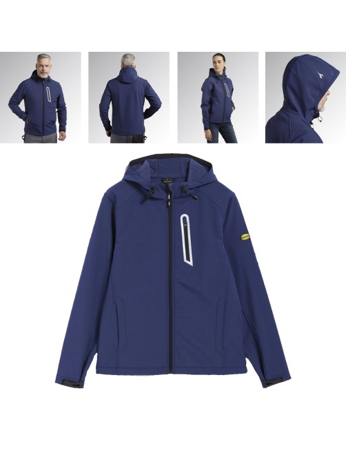 Giacca softshell da lavoro con cappuccio blu 3 tasche Diadora Utility Softshell Sail