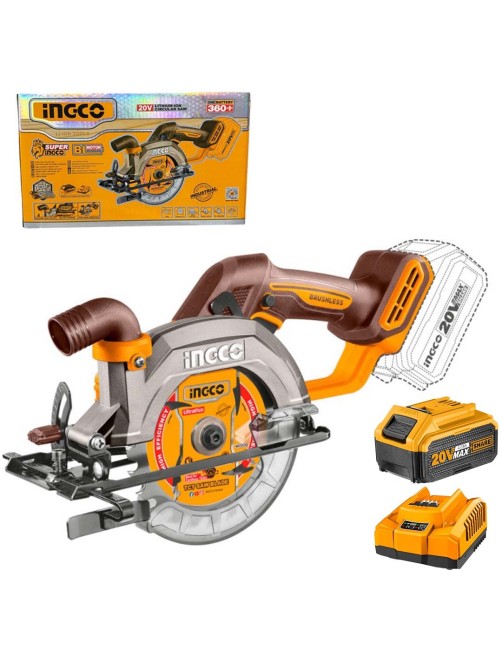 Ingco CSLI14024AHMAN Sega circolare a batteria 20 V 4 ah brushless Disco 140mm 90° 45° completa