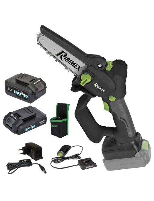 Ribimex PRBAT20/ELAGSETMAN1 Motosega a batteria 20V mini Elettrosega brushless 2 batterie Prolunga