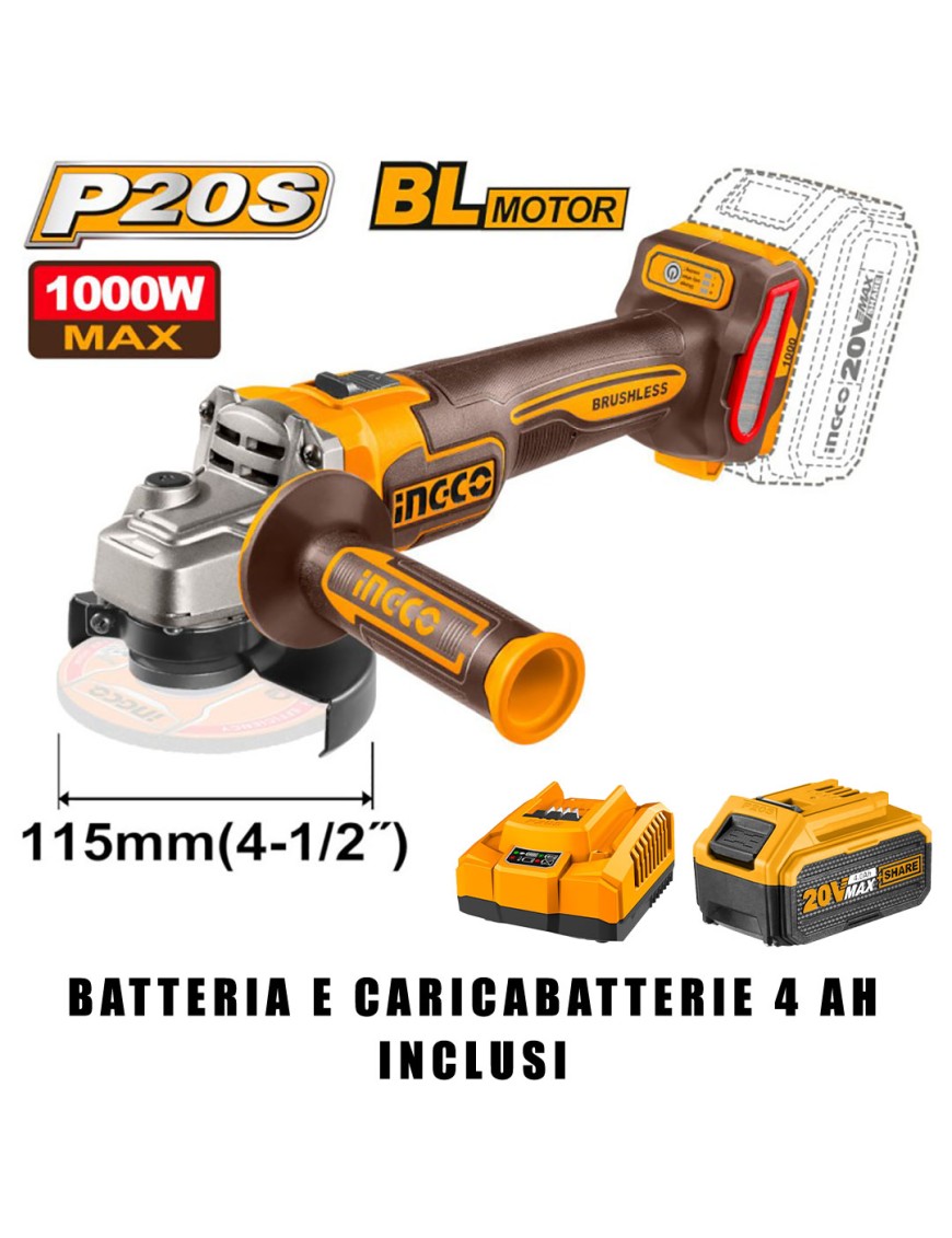 Smerigliatrice Angolare 20V Brushless 125mm - 8000 Giri/min, Con Batteria 4.0Ah E Caricabatterie