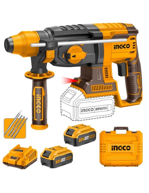 Ingco CRHLI202287 Trapano Tassellatore Martello Demolitore a batteria 20V 2 Batterie 4AH SDS PLUS Brushless