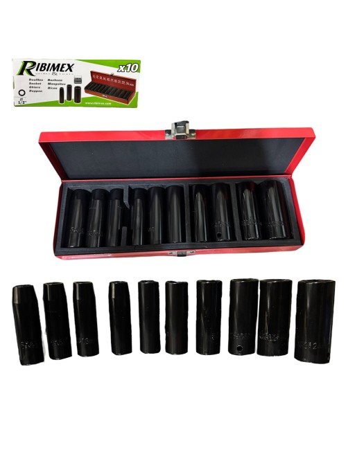 Ribimex PRCCDC10LG Set 10 bussole 1/2 lunghe 78 mm Chiavi bussola esagonali Acciaio Crv in Box