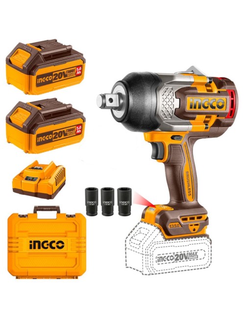 Ingco CIWLI20135E Avvitatore a impulsi a batteria 20 V 3/4" 1350 Nm 2 batterie 5 ah Brushless