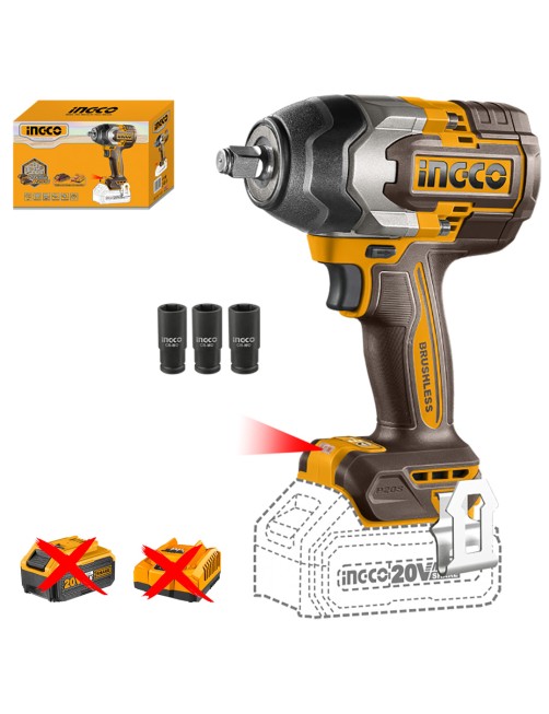 Ingco Avvitatore a impulsi a batteria 20 V 850 Nm 1/2" Brushless 3 velocità Solo corpo