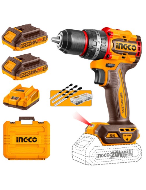 Ingco CIDLI20668E Trapano avvitatore a percussione a batteria 20V 66 Nm Compact 2 batterie Valigetta