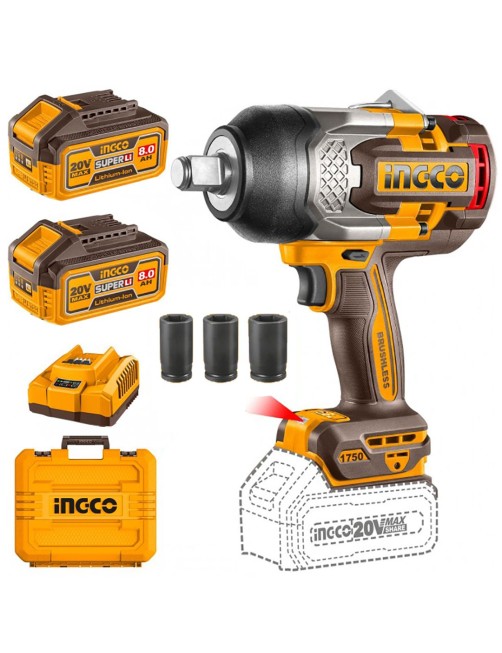 Avvitatore a impulsi a batteria 20 V 1750 Nm 2 batterie 8 ah Brushless Ingco CIWLI20175E