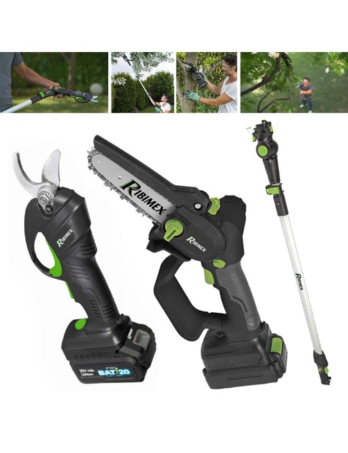 Mini Motosega e Forbice da potatura a batteria 20 V e asta telescopica Set Ribimex