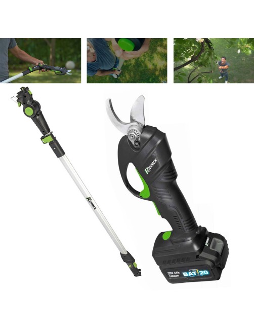 Forbice potatura a batteria 20V 2 ah Cesoia con asta telescopica Soft grip completa Ribimex PRBAT20/SECESTMAN