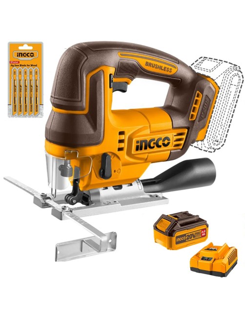 Seghetto alternativo a batteria 20V 4 AH Brushless 90° 45° 5 lame Completo Ingco CJSLI10084AHMAN