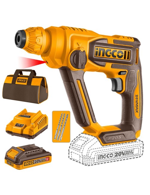 Martello demolitore a batteria 20V Tassellatore Sds Plus Completo Borsa Ingco CRHLI201682AHMAN