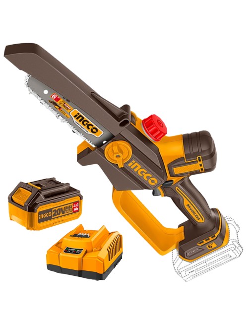 Mini motosega a batteria 20 V 4Ah Elettrosega barra 6" Brushless Completo Ingco CGSLI20664AHMAN