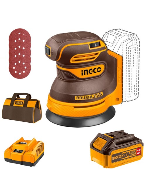 Levigatrice rotorbitale batteria 20 V 4 ah 125 mm 6 Velocità Brushless Borsa Ingco CROSLI20024AHMAN
