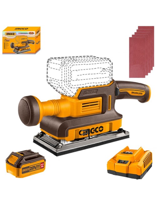 Levigatrice orbitale a batteria 20 V 4 ah Base Alluminio 90x180mm completa Ingco CFSLI20314AHMAN