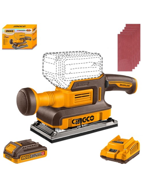 Levigatrice orbitale a batteria 20 V 2 ah Base Alluminio 90x180mm completa Ingco CFSLI20312AHMAN