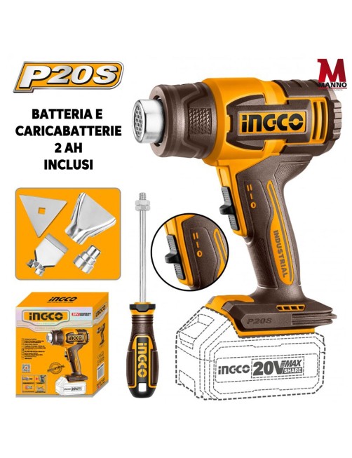 Pistola termica Termosoffiatore a batteria 20 V 2 ah Regolabile completo Ingco HGLI2006