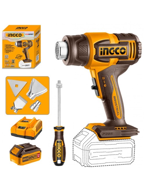 Pistola termica Termosoffiatore a batteria 20 V 4 ah Regolabile completo Ingco HGLI20064AHMAN