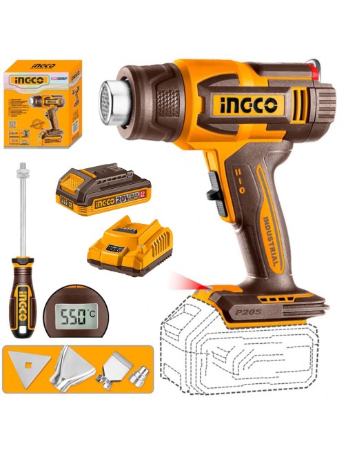 Pistola termica Termosoffiatore a batteria 20 V 2 ah Schermo Lcd completo Ingco HGLI20032AHMAN