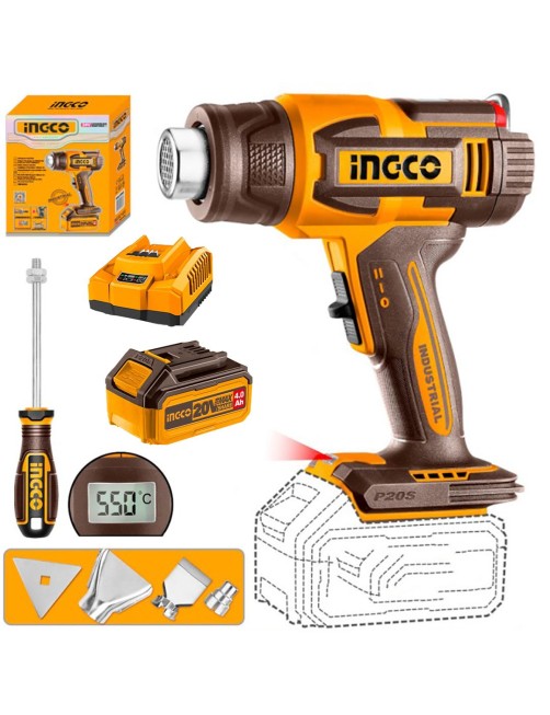 Pistola termica Termosoffiatore a batteria 20 V 4 ah Schermo Lcd completo Ingco HGLI20034AHMAN