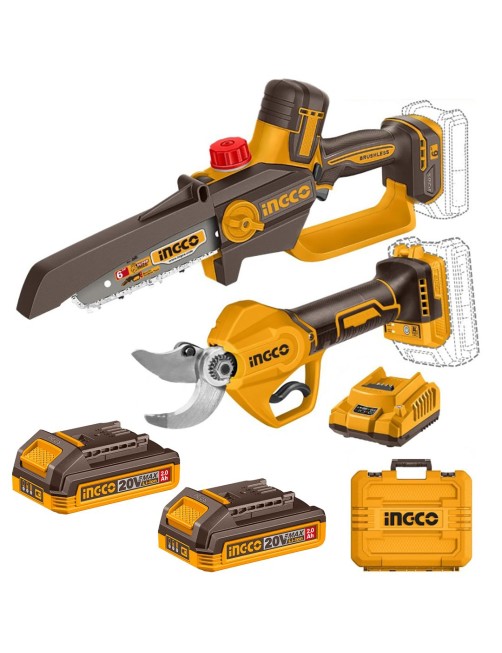Elettrosega e Forbice da pota a batteria 20 V Brushless 2 batterie Set Ingco COSLI250795E