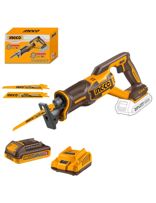 Seghetto a gattuccio a batteria 20 V 2 Ah Sega Taglio Legno Metallo completo Ingco CRSLI21082AHMAN