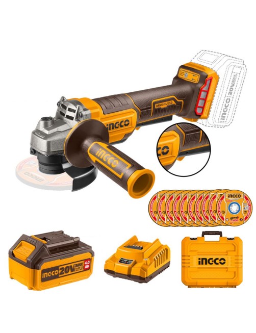 Smerigliatrice angolare a batteria 20 V 115 mm Brushless Valigetta 10 Dischi Ingco CAGLI2111561E