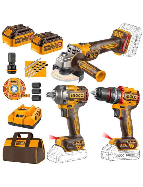 Set Trapano a percussione 66nm Avvitatore Impulsi 400 nm Smerigliatrice 2 batterie borsa 25 dischi Ingco
